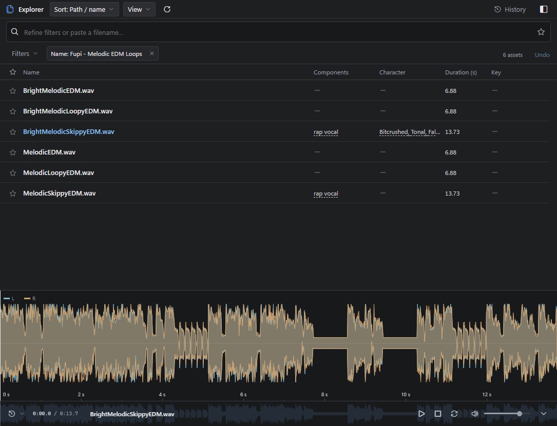 Dossie Explorer with CC0 demo sounds, measured audio properties and the waveform of the selected EDM loop.