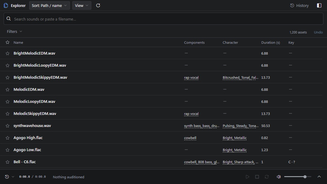 The CC0 demo library in Explorer, with original filenames and measured audio properties.
