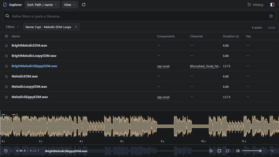 CC0 EDM loop results with the selected file’s measured waveform and audition controls below.